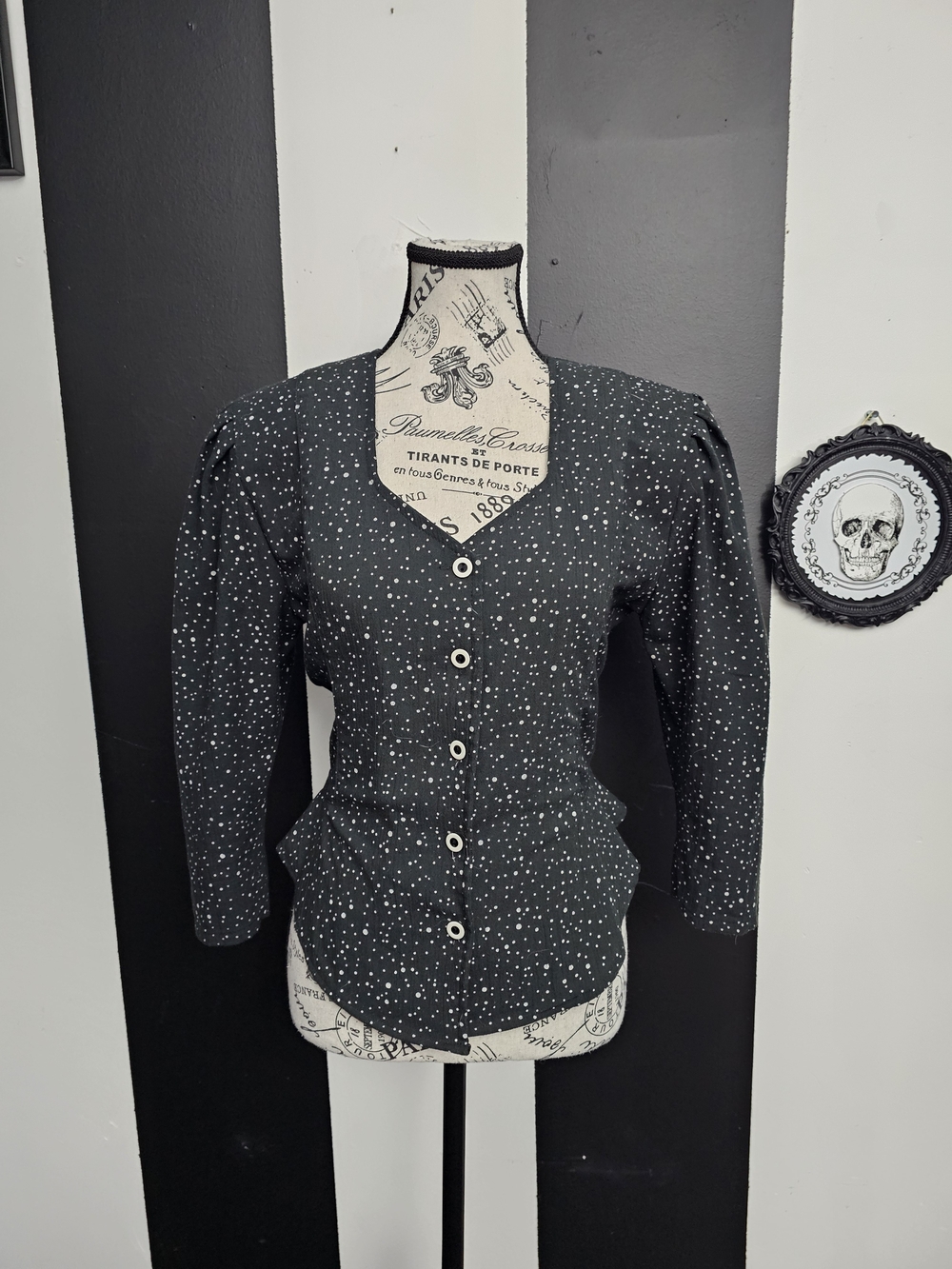Vintage Black Button-Front Polka Dot Blouse